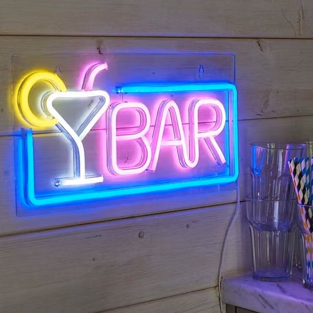 Marco Paul Cocktail Bar LED Neon Wall Art Sign in Multicolour Blue, Pink, White and Yellow