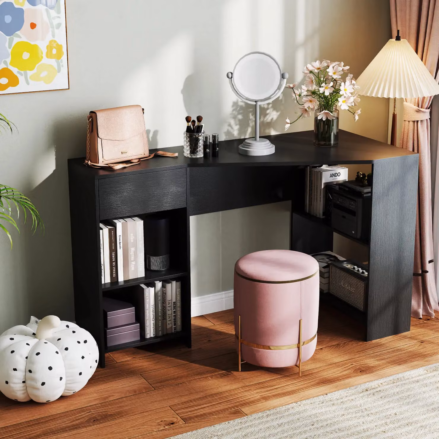 Gymax L-Shaped Corner Executive Desk with Storage Shelves and Drawer in Black – 3