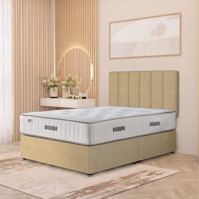 Somnior Beds Ltd Austin Linen Fabric Storage Divan Bed with Hybrid Orthopaedic Mattress and 32 inch Headboard, Beige, W/D/H: 120 x 200 cm