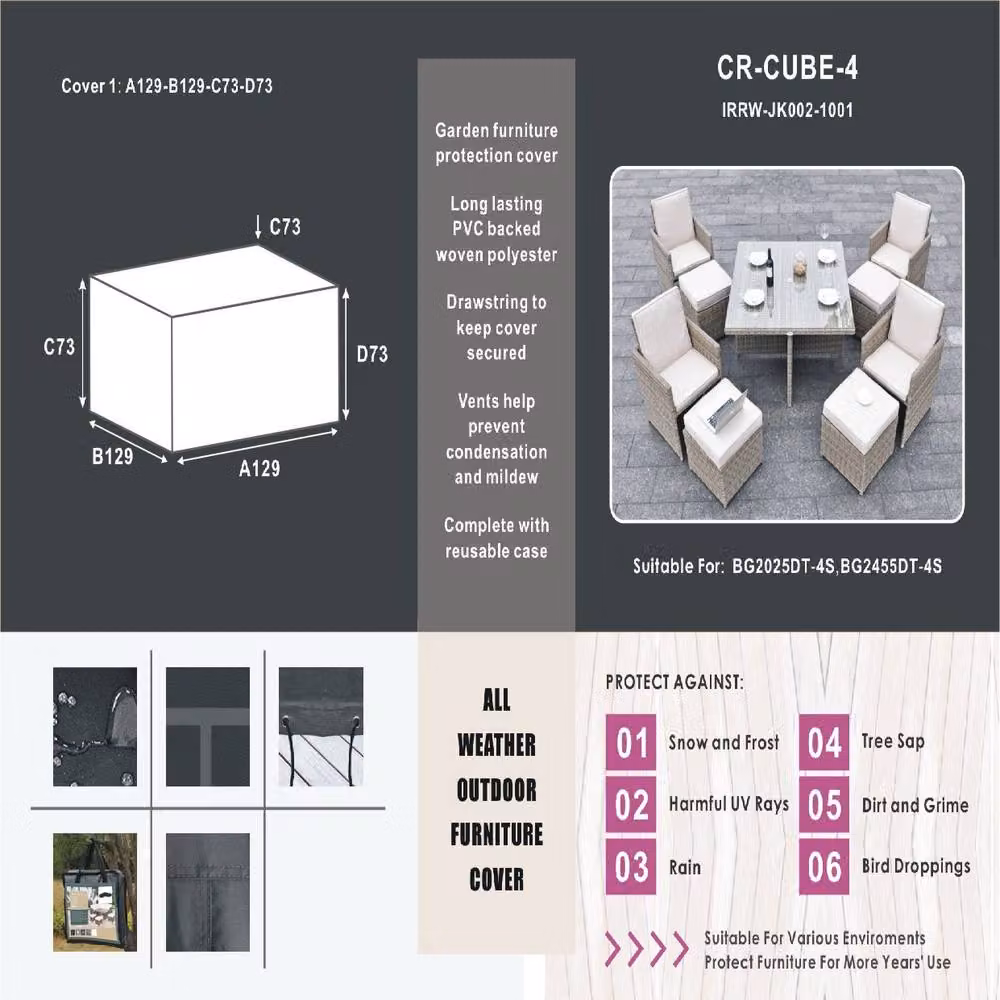Direct Wicker Black 4 Seat Cube Garden Protective Cover W/D/H: 129 x 129 x 73 cm – 2