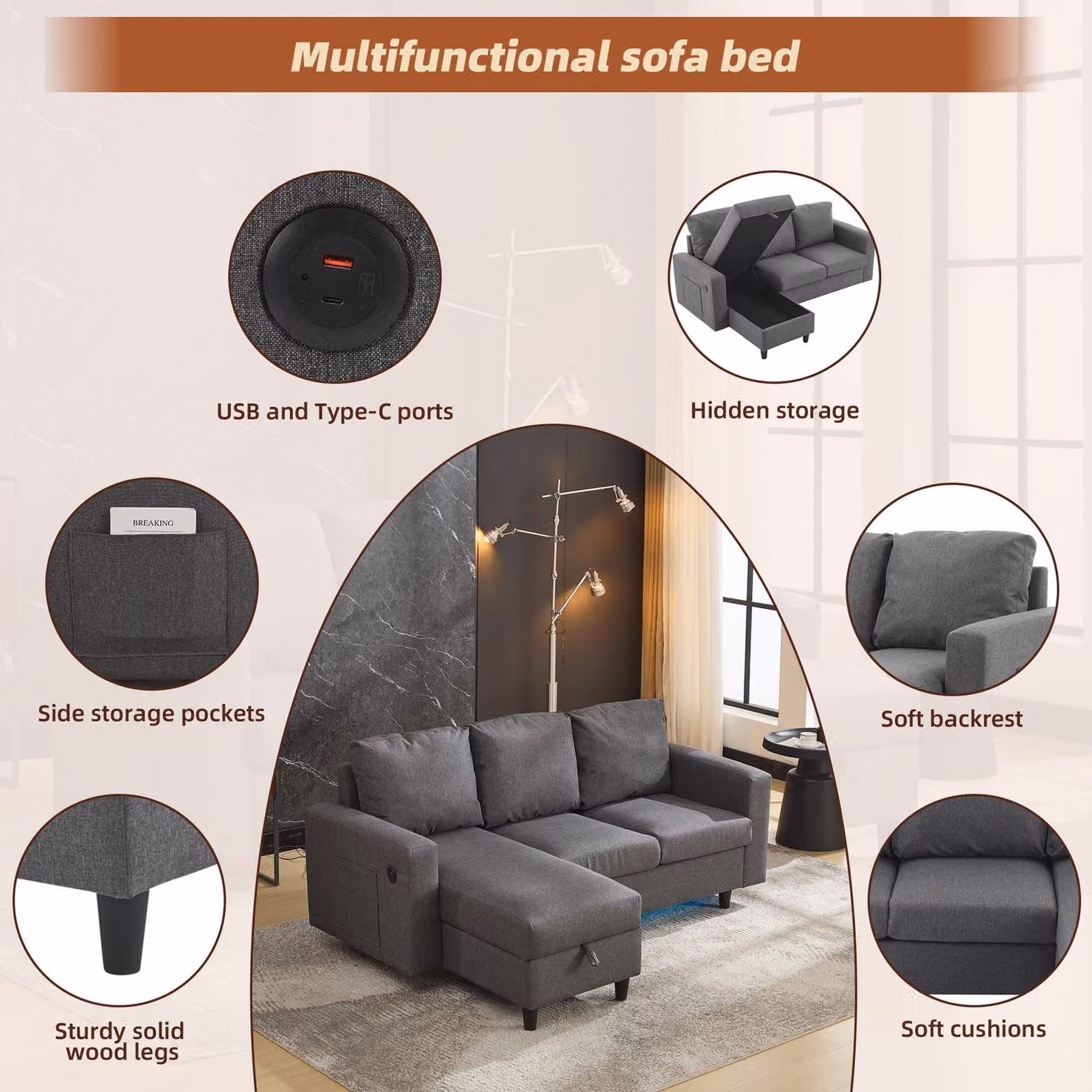 Aosom UK L-Shaped Reversible Corner Sofa in Grey with Hidden Storage and USB Charging, W/D/H: 180 x 120 x 72 cm – 3