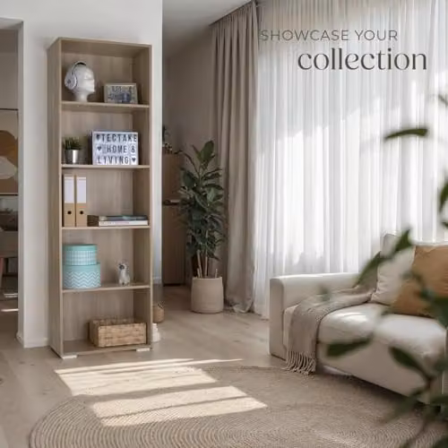 tectake 5-Tier Minimalist Oak Bookcase with Adjustable Shelves, H 190 x W 30 x D 30 cm – 2