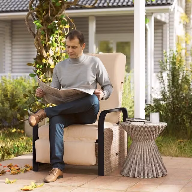 Outsunny Rattan Garden Recliner Chair with Table and Cushions in Beige and Brown