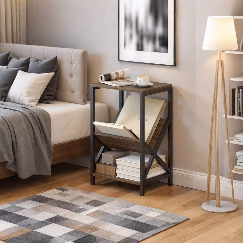 EONLION Industrial Narrow Side Table with 3-Tier Storage, Brown and Black – 4