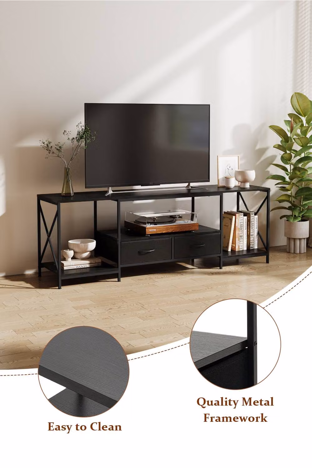 Living and Home Modern TV Stand with Fabric Drawers in Black – 2