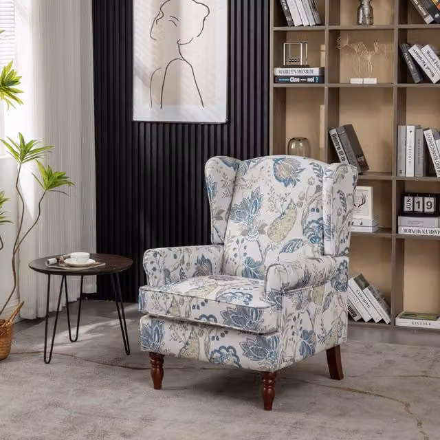 FURNITURE ONE Retro Floral Wingback Armchair in Bright Blue
