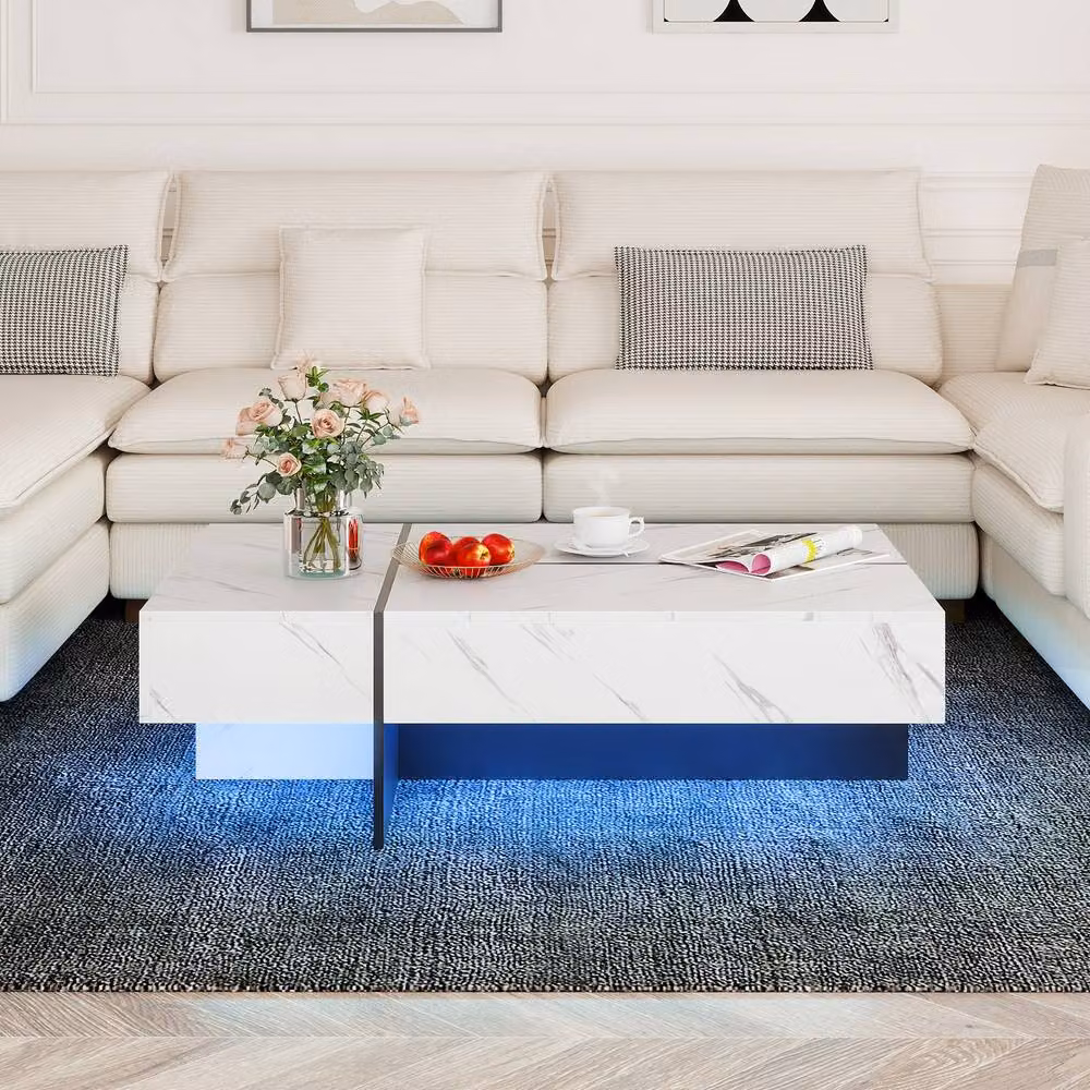Costway Modern Rectangular LED Coffee Table with 3 Drawers in White – 5
