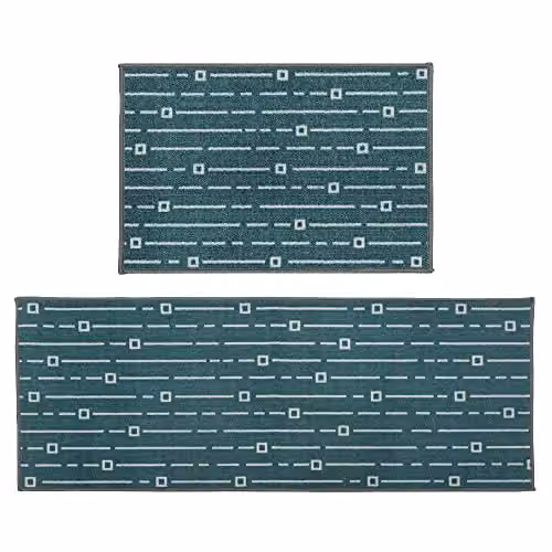 JVL Savio Striped Machine Washable Non-Slip Doormat and Runner, Petrol