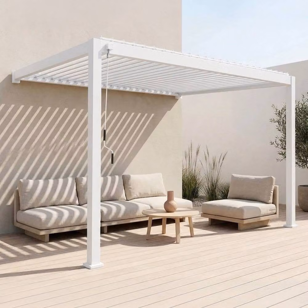 Sweekeew White Aluminium Lean-to Pergola with Louvered Roof, W 400 cm x D 300 cm x H 258 cm – 2