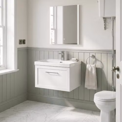 Balterley Stonnall Traditional Wall Hung 1 Drawer Vanity Unit with Thin Edge Ceramic Basin, Matt White, W: 60.0 cm, D: 40.9 cm, H: 46.0 cm – 2