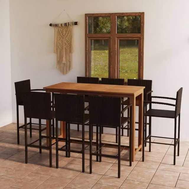 Berkfield Home 9 Piece Brown Acacia Wood and Powder Coated Steel Garden Bar Set