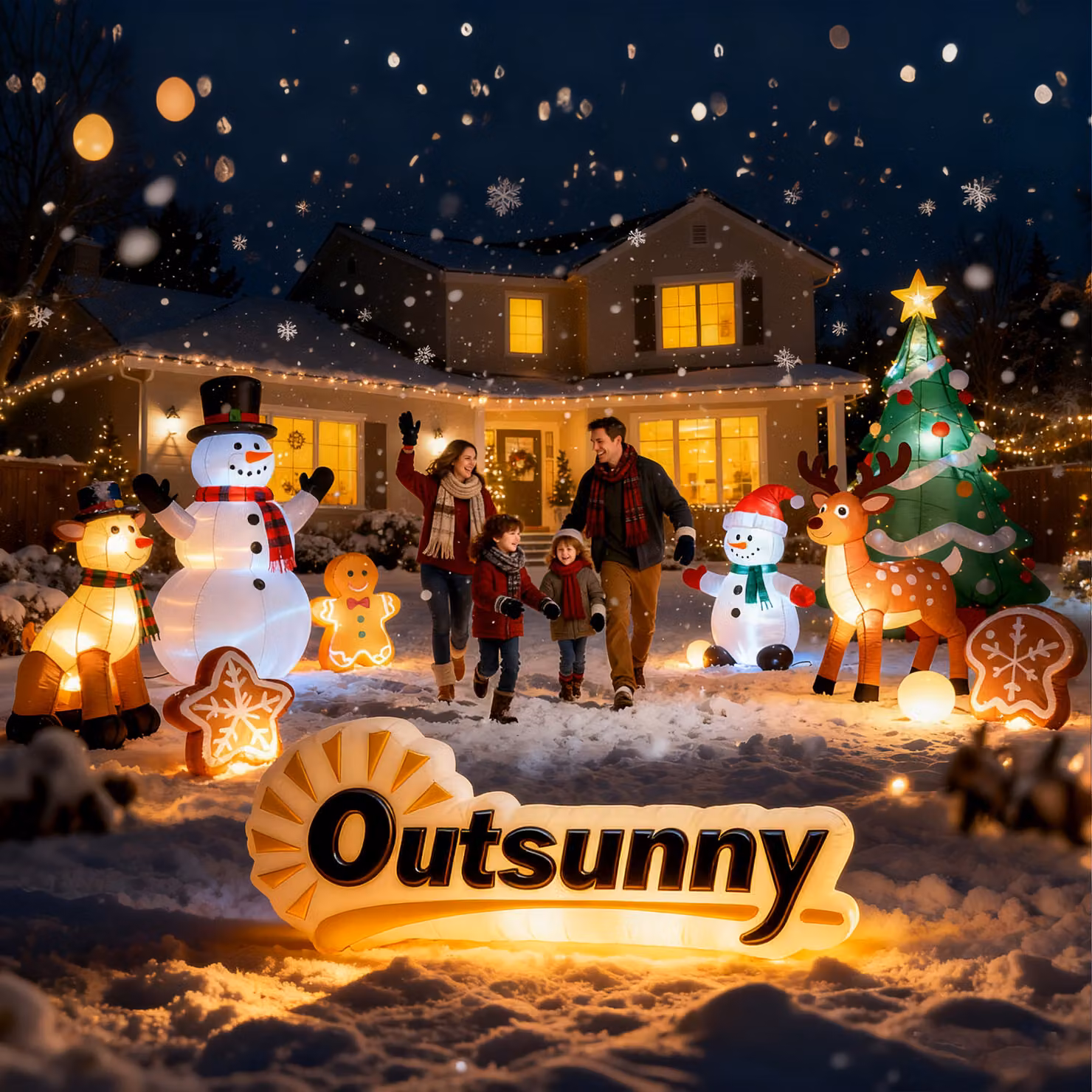 Outsunny 6ft Christmas Inflatable Snowman and Penguins with Built-in LED Lights and Flashing Projector, Multicolour Indoor and Outdoor Garden Decoration – 8