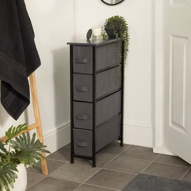 OHS Narrow 4 Drawer Storage Cabinet Bedside Table Unit Fabric Organiser in Light Grey – 1