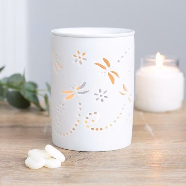 KDMK White Ceramic Dragonfly Oil Burner with Unglazed Finish for Tealights