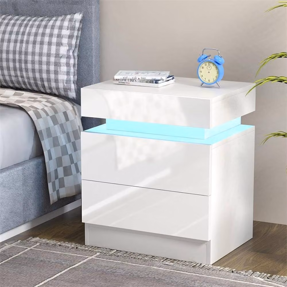 Nordara White High Gloss LED Bedside Table with 2 Drawers and RGB Integrated Lighting – 4