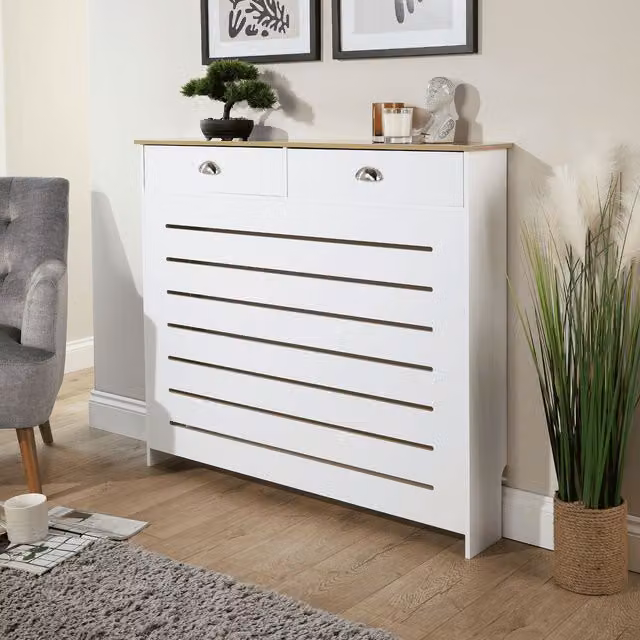 Home Source Batley Modern Radiator Cover Cabinet with Two Drawers in White MDF, W/D/H: 111.5 x 19.0 x 96.0 cm