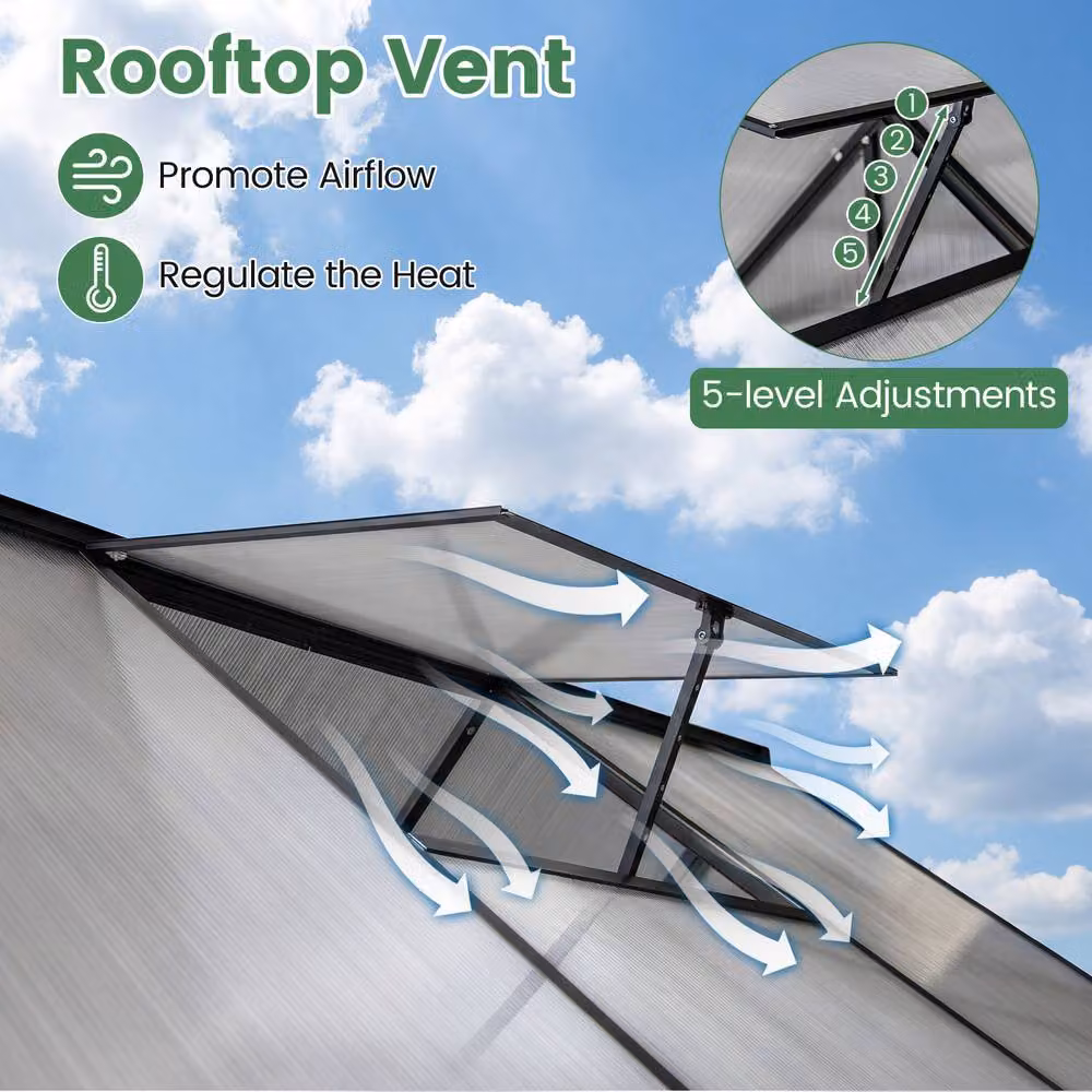 Costway Polycarbonate Greenhouse with Adjustable Hinged Roof Vent in Clear, W/D/H: 180 x 180 x 180 cm – 6
