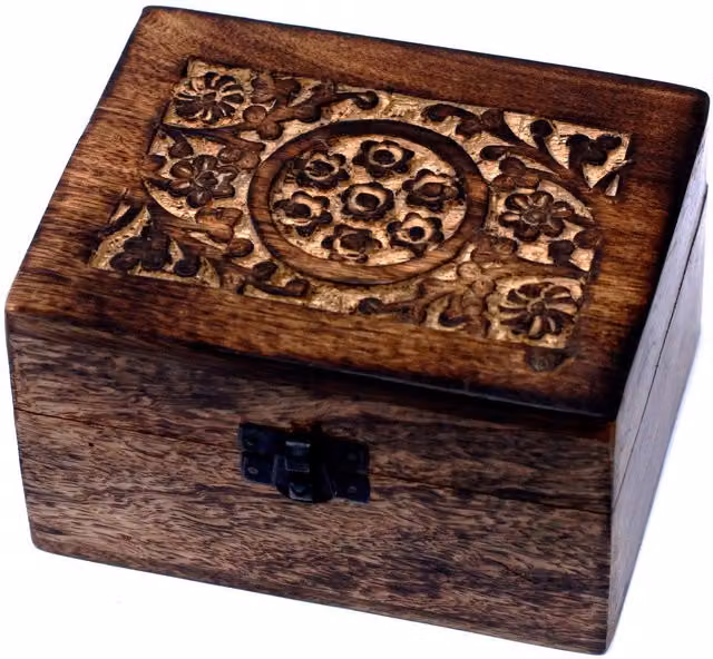 KDMD Mango Wood Aromatherapy Box in Brown, Floral Design, Holds 12 Items