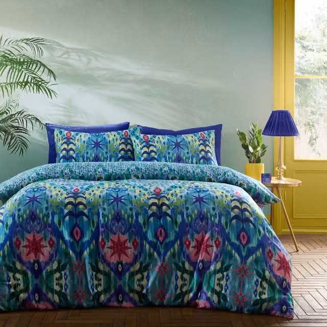 Matthew Williamson Mother Amazon Reversible Blue Cotton Mako Satin Duvet Cover Bedding Set