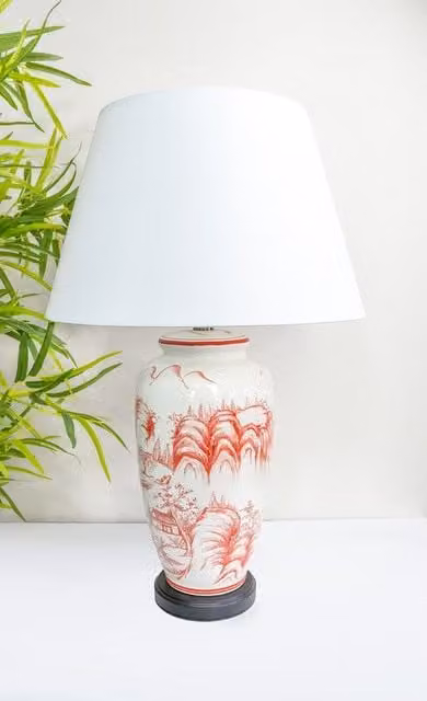 Downton Interiors Red Oriental Ceramic Table Lamp with White Fabric Shade