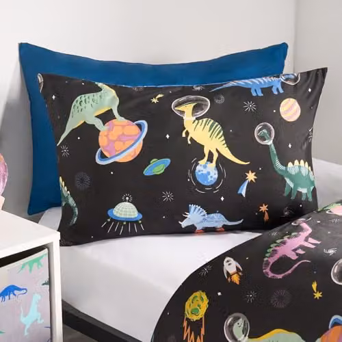 OHS Reversible Space Dino Print Single Quilt Cover Set with Pillowcase, Blue and Black Microfibre Bedding, Duvet Cover 135 x 200 cm, Pillowcase 40 x 60 cm – 2