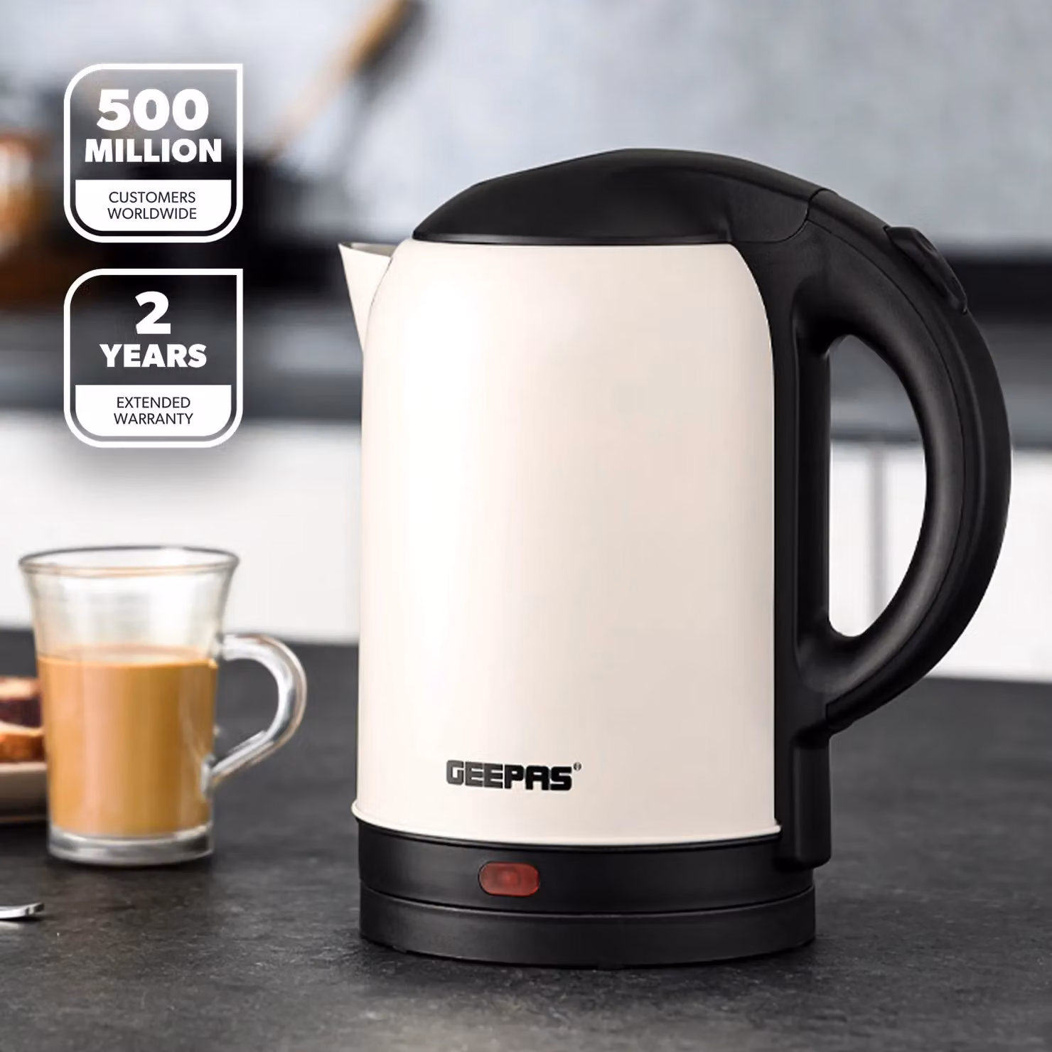 Geepas 1.8L Cordless Stainless Steel Rapid Boil Jug Kettle with Auto Shut-off, 1800W, Cream and Black – 2