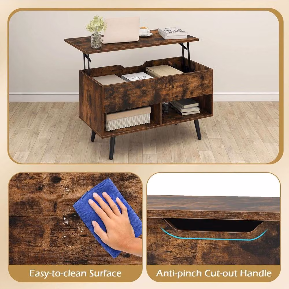 FORGEVIO Lift Top Coffee Table with Open Storage Shelves in Brown – 4