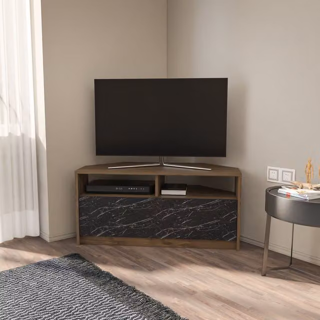 Comero Minimalist TV Unit in Walnut and Black Marble Effect