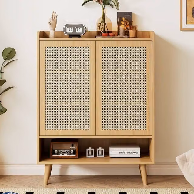 ModernLuxe Rattan Storage Cabinet with Hinged Doors and Internal Shelves in Light Oak – 1
