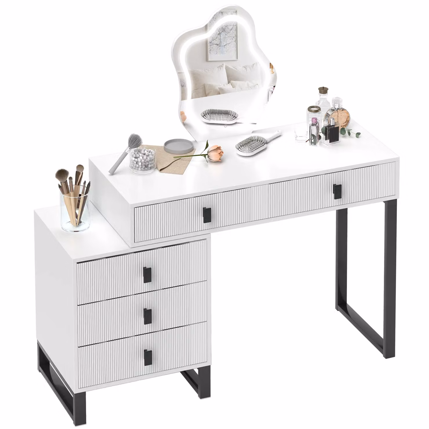 HOMCOM Modern White Dressing Table with LED Leaf Shape Mirror and 5 Drawers – 2