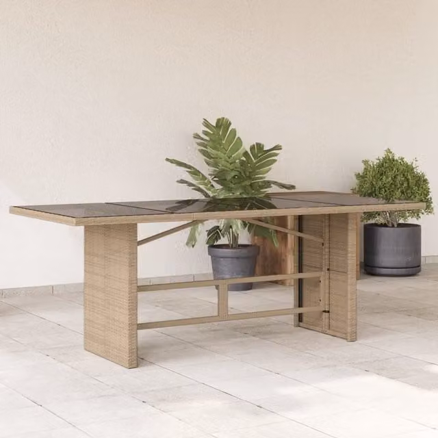 Berkfield Home Modern Poly Rattan Garden Table with Glass Top, Beige, W/D/H: 190 x 80 x 75 cm