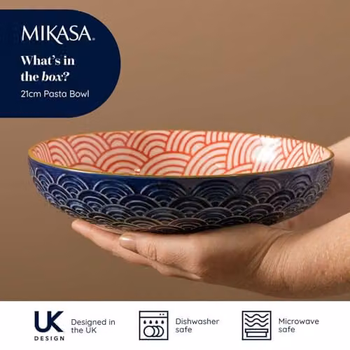 Mikasa Blue Geometric Glazed Stoneware Pasta Bowl, 21 cm – 5