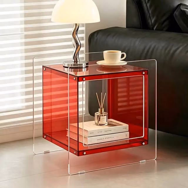 NESTLUNE Red Transparent Acrylic Nightstand with Storage Shelf, W/D/H: 100 x 100 x 100 cm – 1