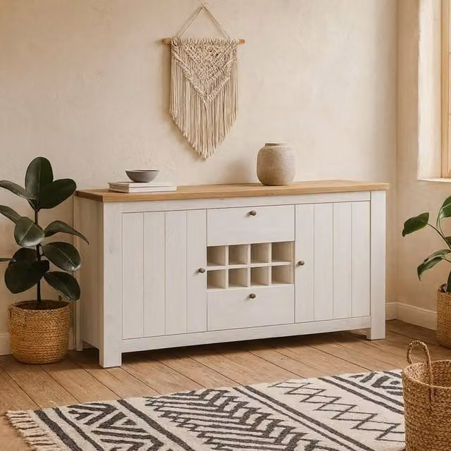 Wyld Haus Tipsyfern White and Natural Oak Sideboard with 2 Doors, 2 Drawers and Wine Rack – 1