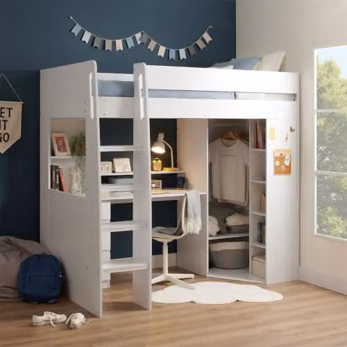 Flair Furnishings Harper High Sleeper Bed with Desk and Wardrobe, White, H 178 x W 90 x D 119 cm – 1