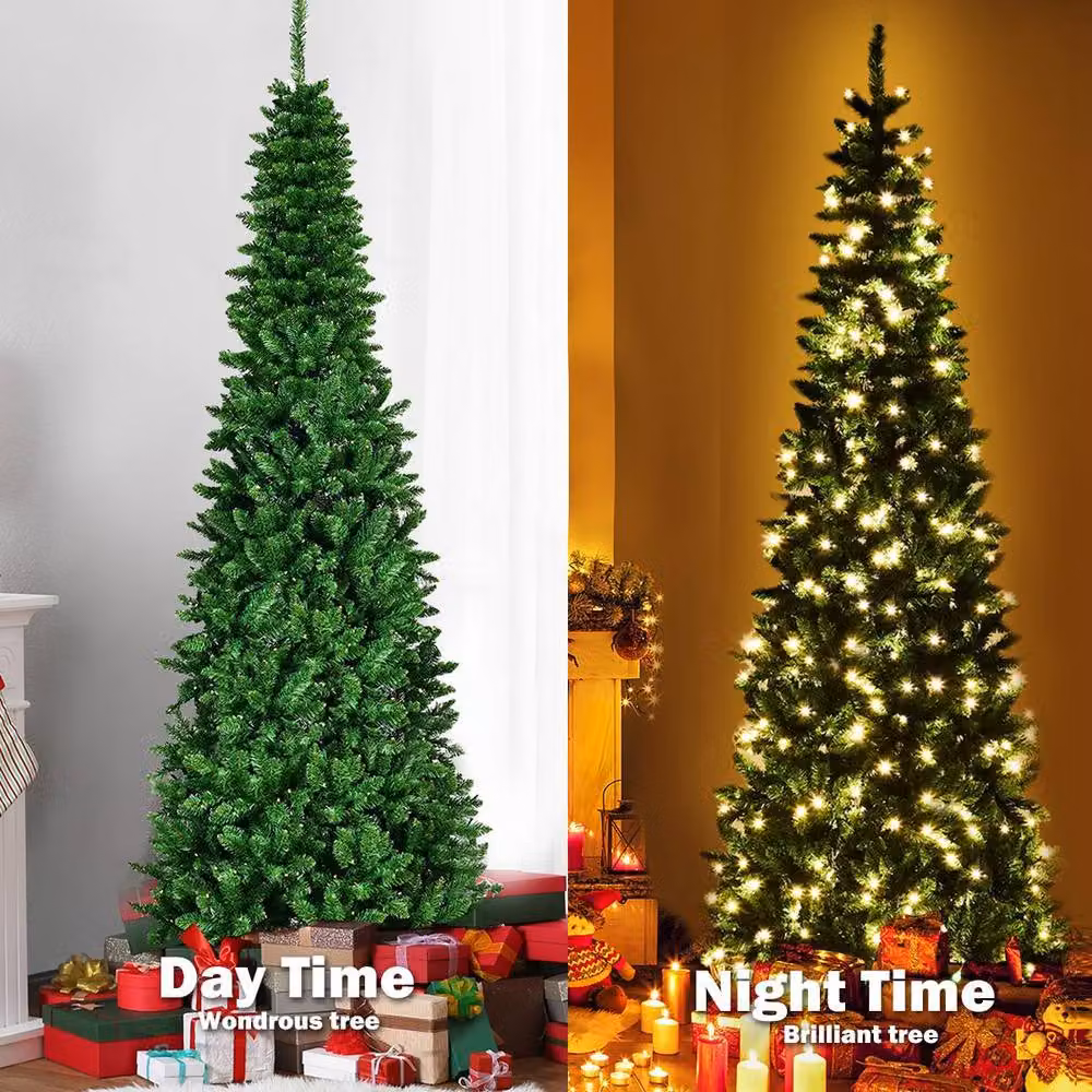 Shatchi Pre-Lit Artificial Slim Green Pencil Christmas Tree with Warm White LEDs and Metal Stand, Height: 213.36 cm – 3