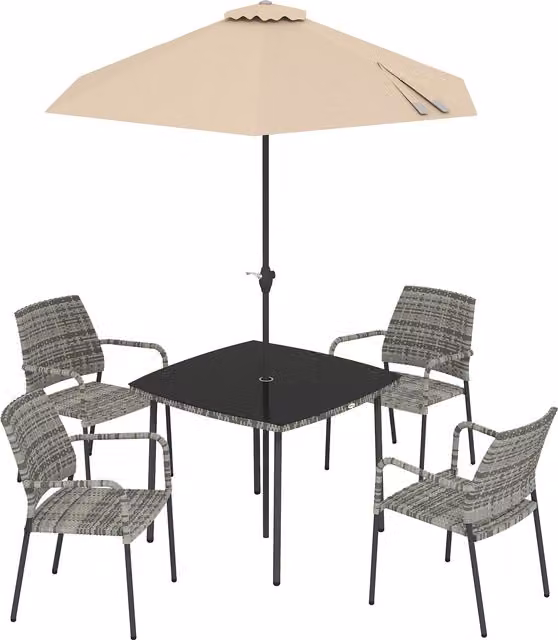 Outsunny 6 Piece Grey Polyrattan 4 Seater Garden Dining Set with Parasol and Tempered Glass Tabletop