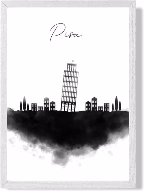 ARTZE Pisa Watercolour Skyline City Framed Print, A2, Black and White