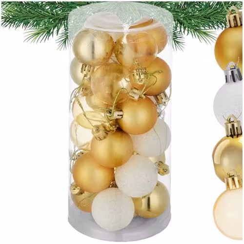 tectake 24-Pack Christmas Baubles in White and Gold with Glossy, Matt, Glittery and Transparent Finishes – 1