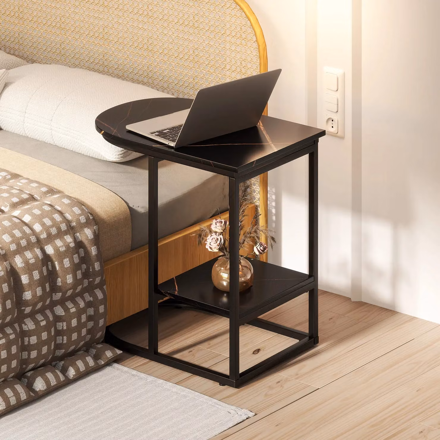 Gymax Modern C-shaped End Table with Storage Shelf in Black – 3