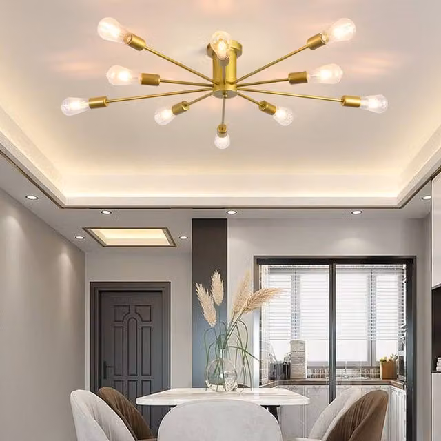 NIVOR 10-Light Industrial Mid Century Flush Mount Ceiling Chandelier in Gold/Brass