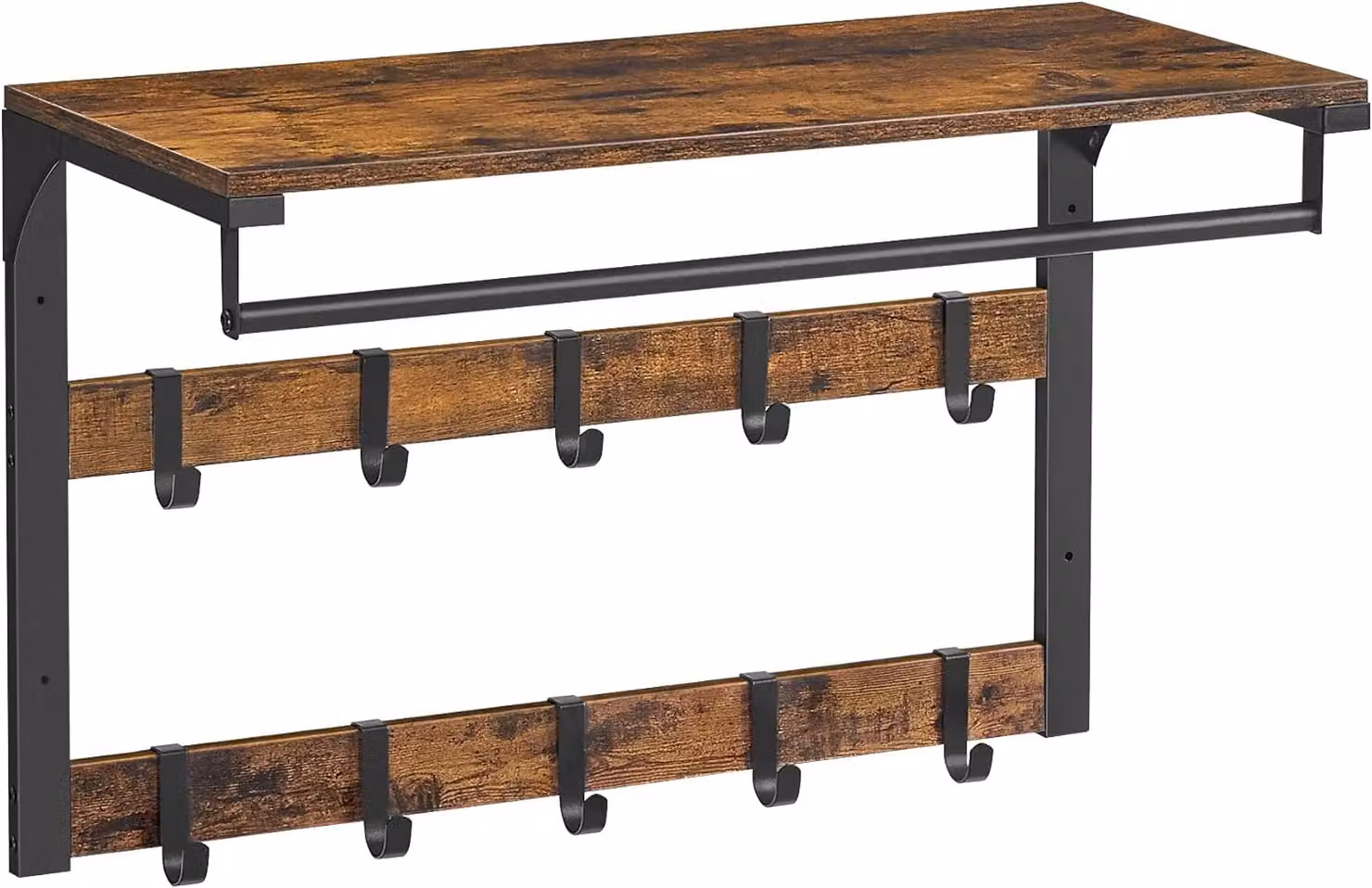VASAGLE Industrial Wall-Mounted Coat Rack Shelf with 10 Removable Hooks and Clothes Rail in Brown – 5