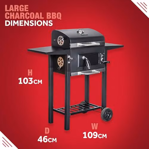George Foreman Large Charcoal BBQ in Black, Portable Outdoor Smoker with Lid Cover, Adjustable Cast Iron Grill and Integrated Temperature Gauge, W/D/H: 109 x 103 x 46 cm – 2