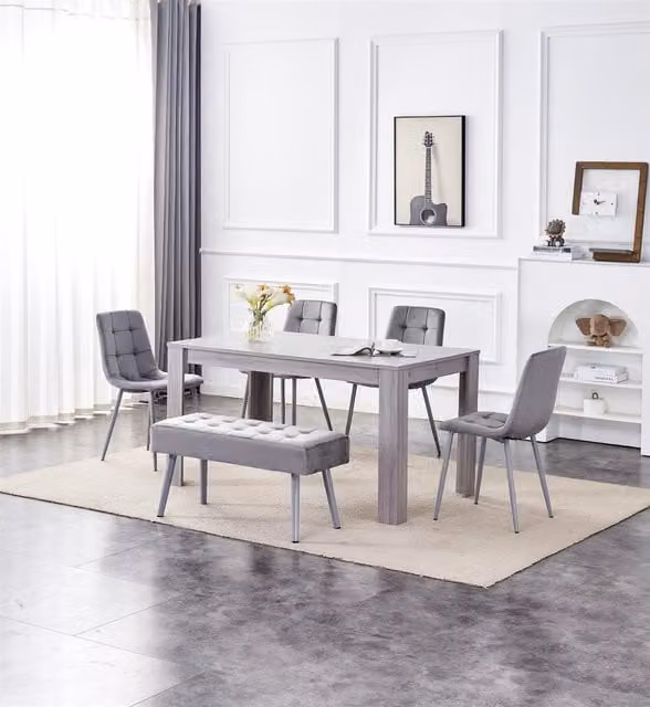 Kosy Koala Grey Velvet Dining Set with Wood Table, 4 Chairs and Bench, W/D/H: 140 x 80 x 75 cm