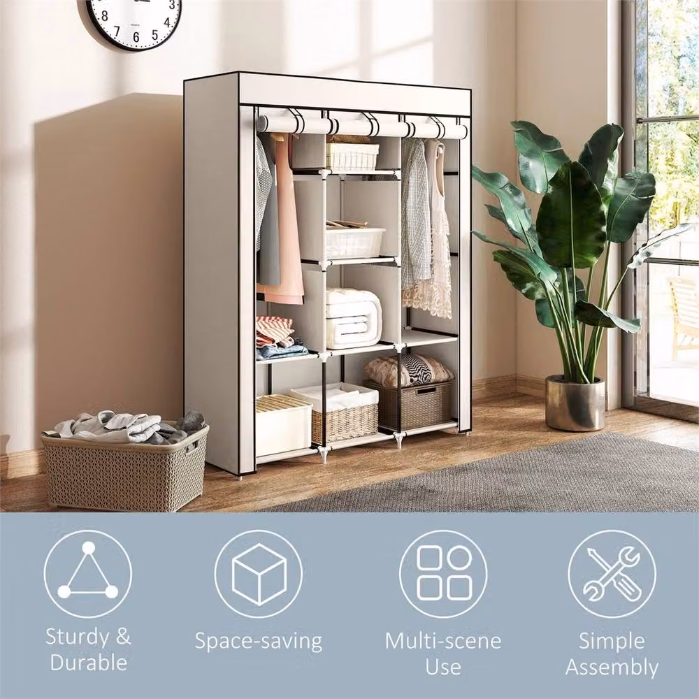 HOMCOM Portable Fabric Wardrobe with Roll Shutter, Hanging Rod and Internal Shelves in Beige, H 162.5 x W 125 x D 43 cm – 4