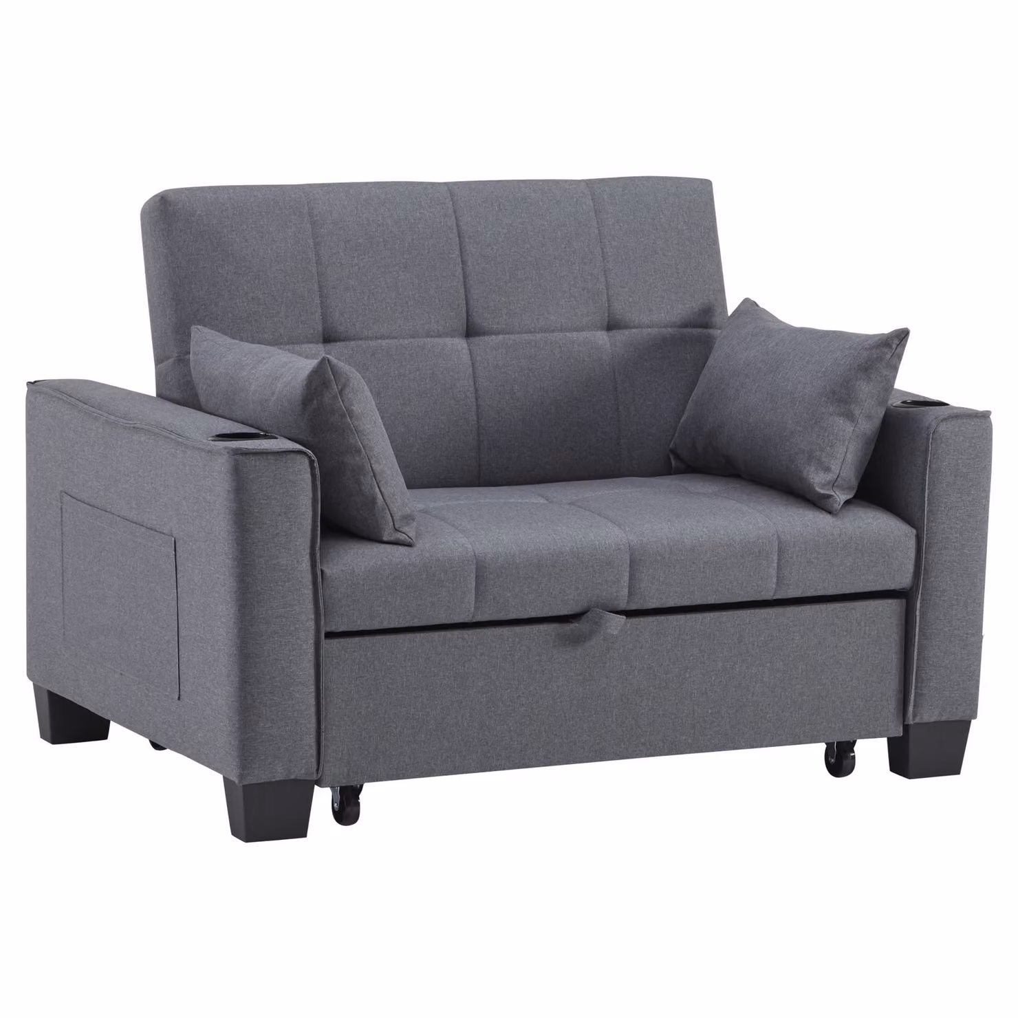 Aosom UK 2 Seater Convertible Fabric Sofa Bed in Grey with Storage Side Pockets, Cup Holders and Adjustable Backrest, W/D/H: 96 x 140 x 97 cm – 2