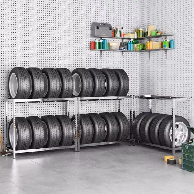 Berkfield Home 2-Layer Silver Steel Tire Rack with Adjustable Shelves, W/D/H: 110 x 40 x 110 cm