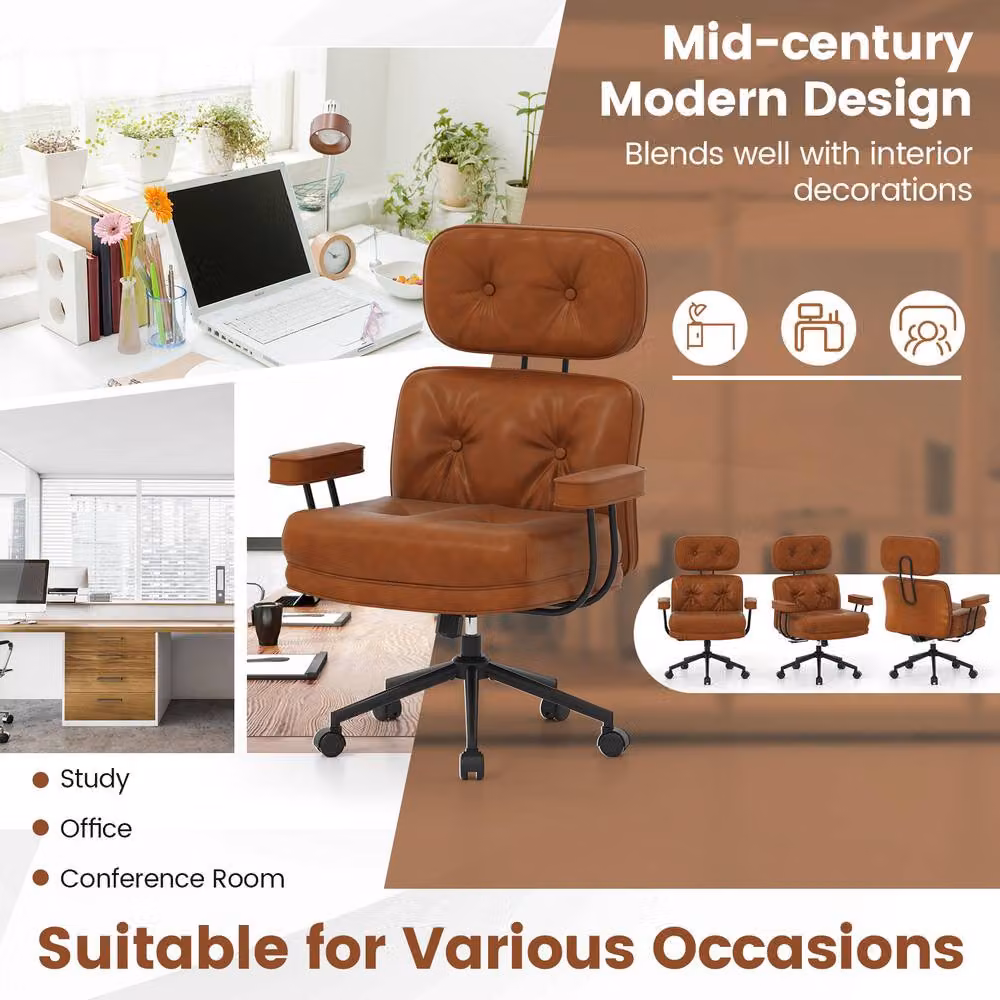 Gymax Brown Synthetic Leather Upholstered Office Chair with Tufted Seat, Headrest and Swivel Castors – 2