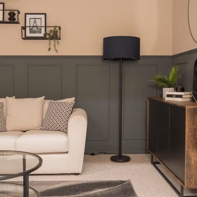 ValueLights Charlie Modern Floor Lamp with Blue Fabric Cylinder Shade and Black Metal Base – 1