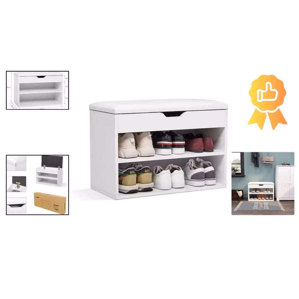 FORGEVIO White Shoe Storage Bench with Shelves and Synthetic Leather Seat – 2